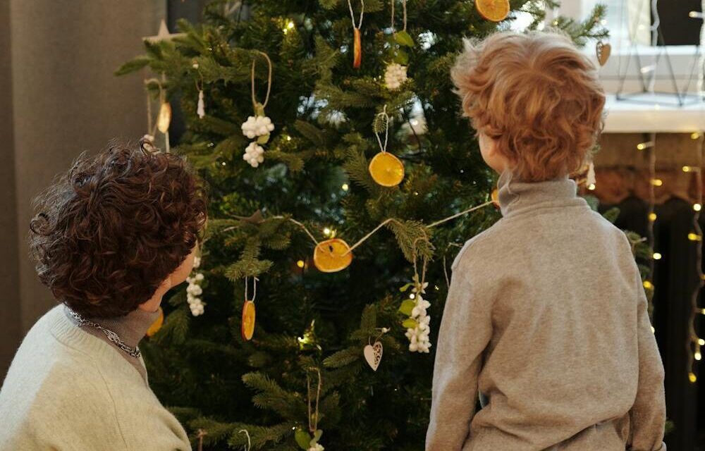 Ein Christbaum, davor ein Erwachsener mit Kind