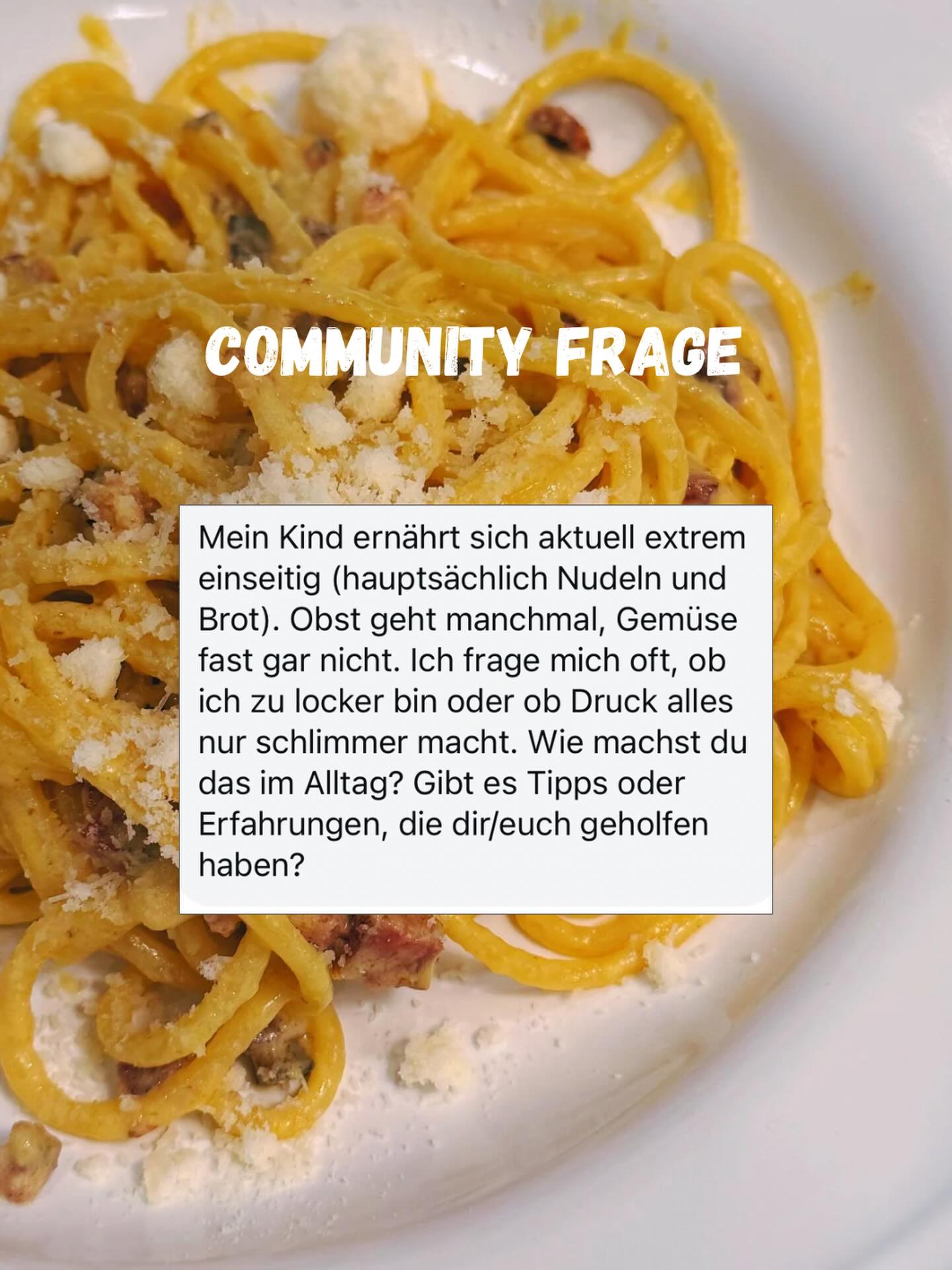 Ihr fragt, ihr antwortet: Nur Nudeln – sonst nichts? 🍝 Einseitiges Essverhalten bei Kindern beschäftigt viele Eltern. Diese Frage kam aus der Community 💬

Wie sind eure Erfahrungen damit?
Was hat euch geholfen – oder wobei habt ihr bewusst losgelassen?

➡️ Teilt eure Gedanken in den Kommentaren.
Offen, wertschätzend, ohne richtig oder falsch.